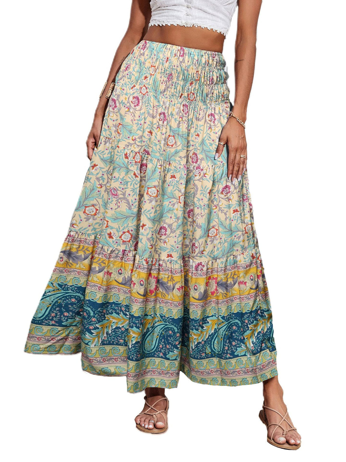 Boho Floral Tiered Maxi Skirt - beige