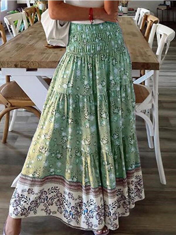 Boho Floral Tiered Maxi Skirt - green