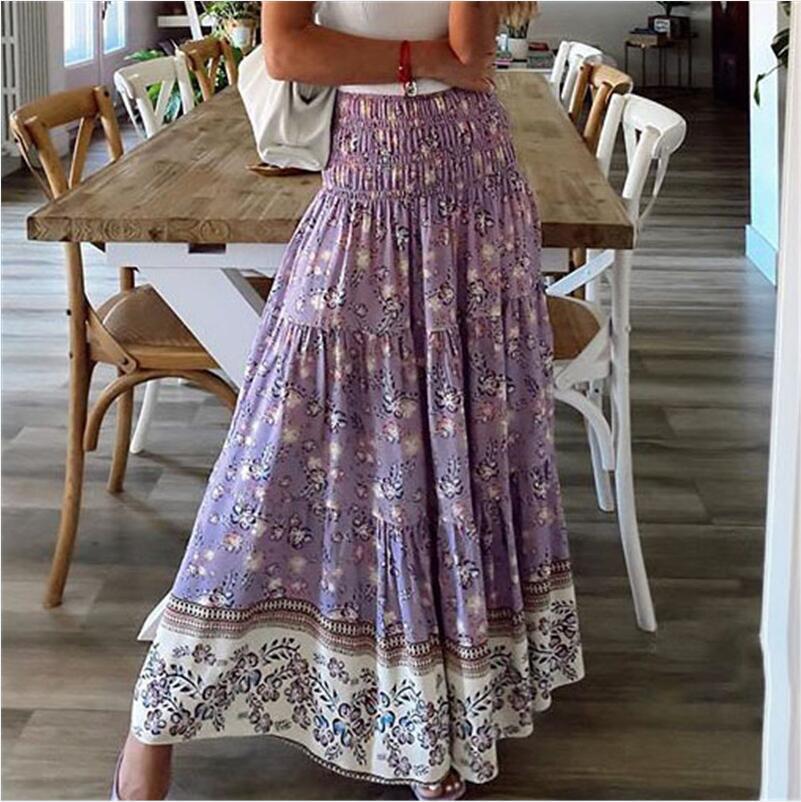 Boho Floral Tiered Maxi Skirt - purple