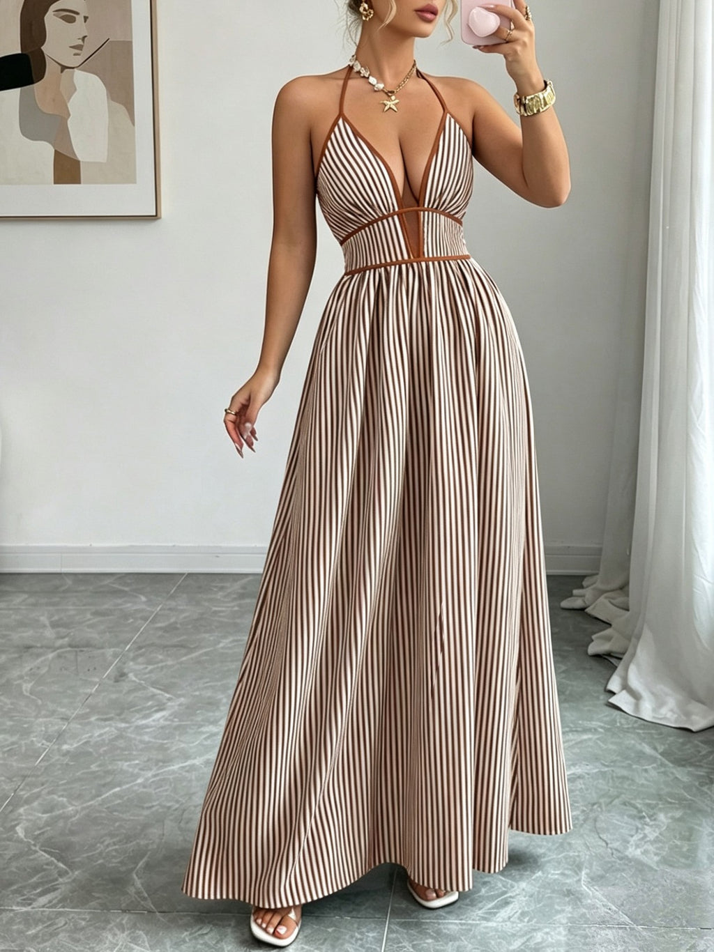 Pinstripe Maxi Dress With Strappy Open Back - Khaki