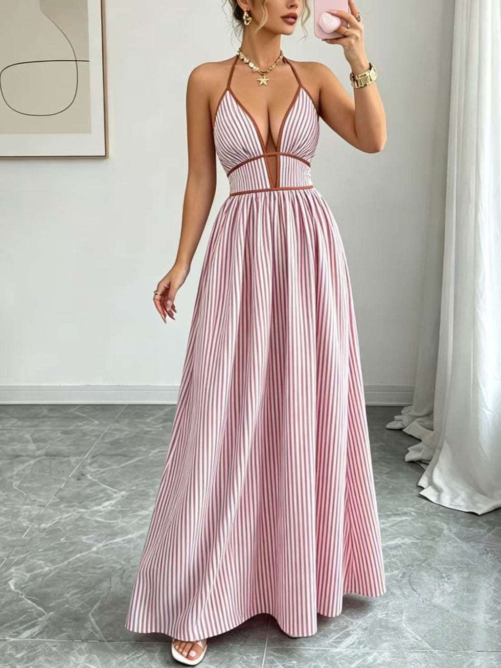 Pinstripe Maxi Dress With Strappy Open Back - Pink