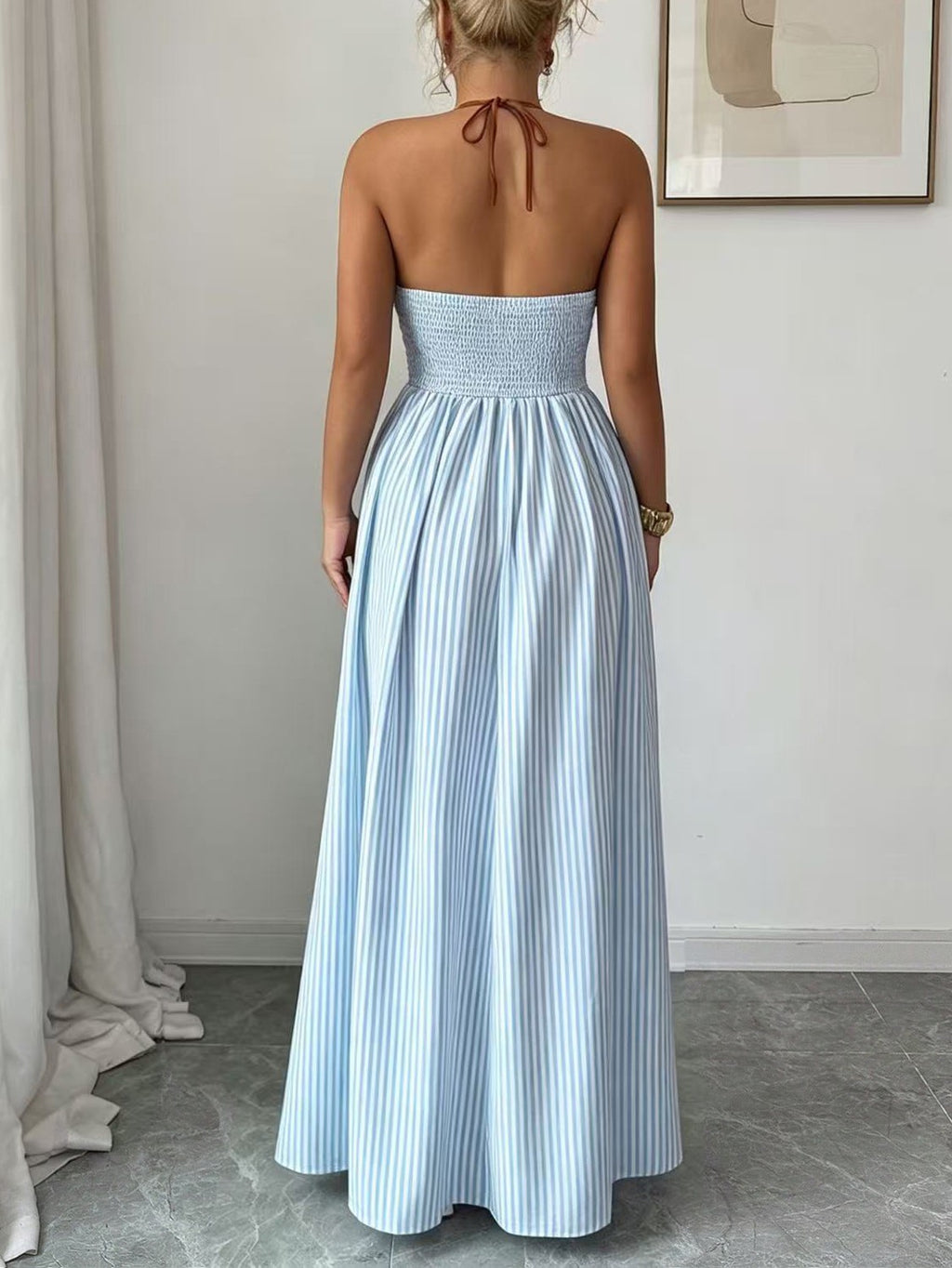 Pinstripe Maxi Dress With Strappy Open Back