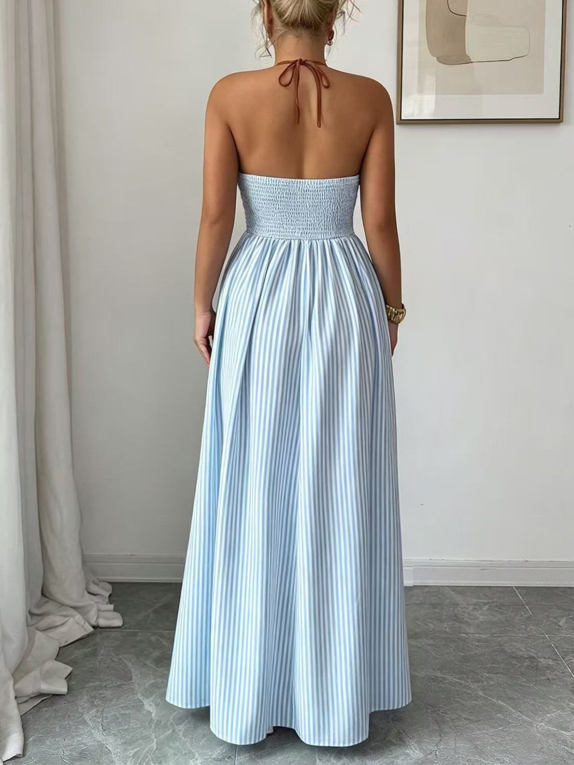Pinstripe Maxi Dress With Strappy Open Back