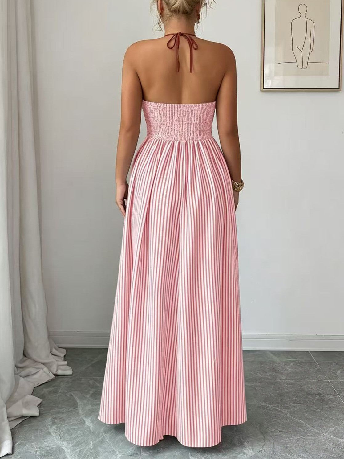 Pinstripe Maxi Dress With Strappy Open Back - view 1