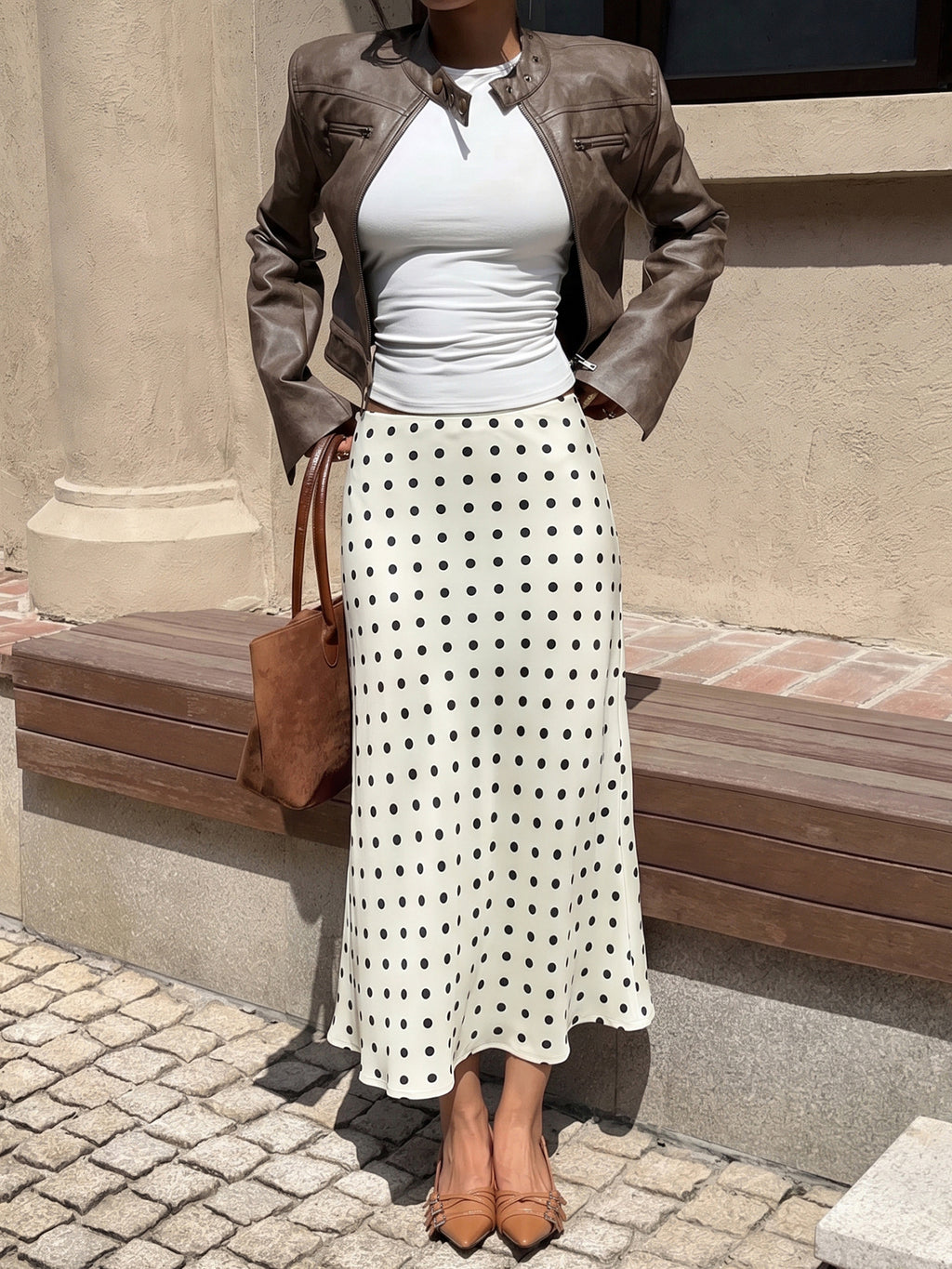 Polka Dot Skirt With Elastic High Waist - Apricot