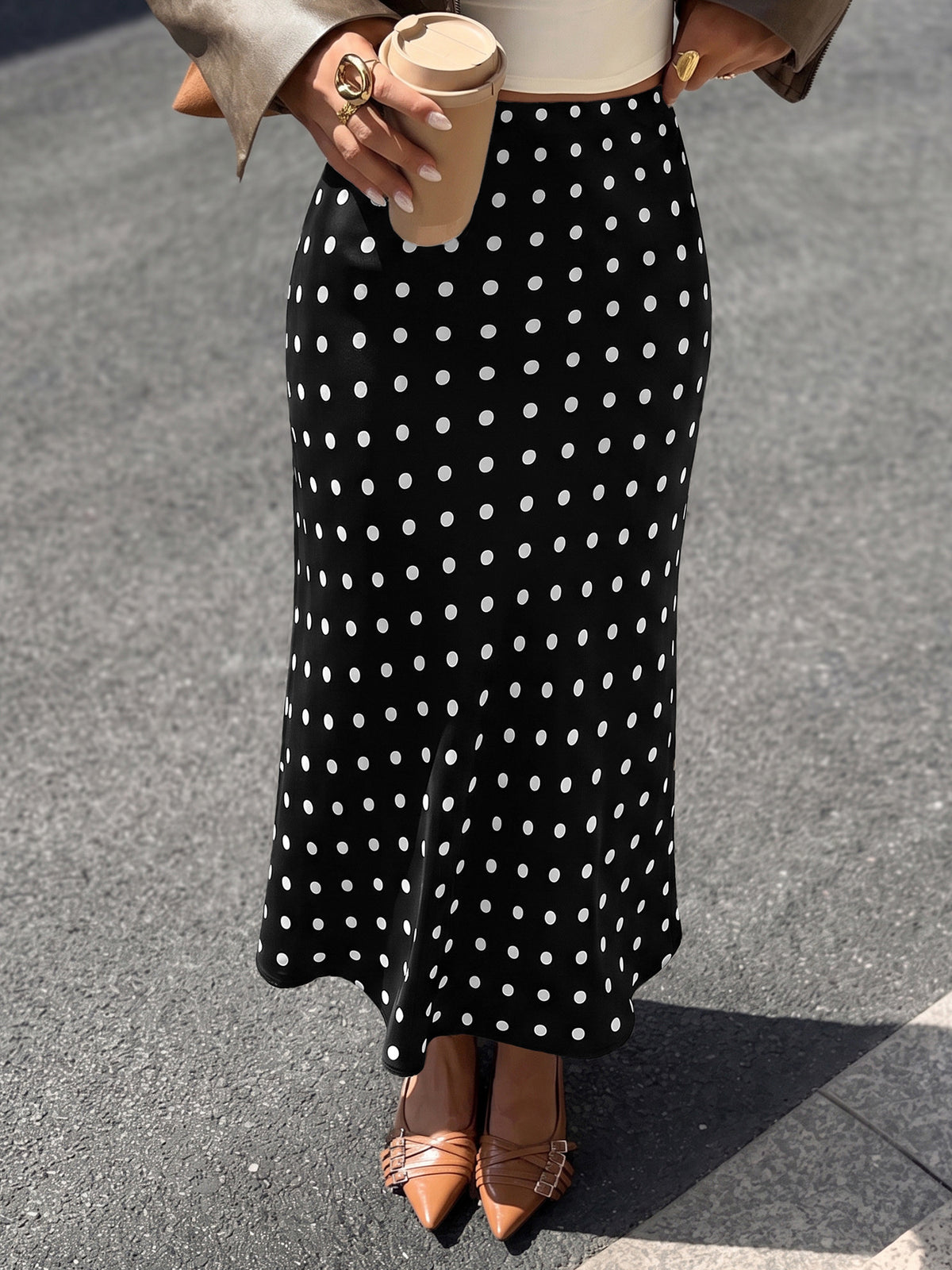 Polka Dot Skirt With Elastic High Waist - Black