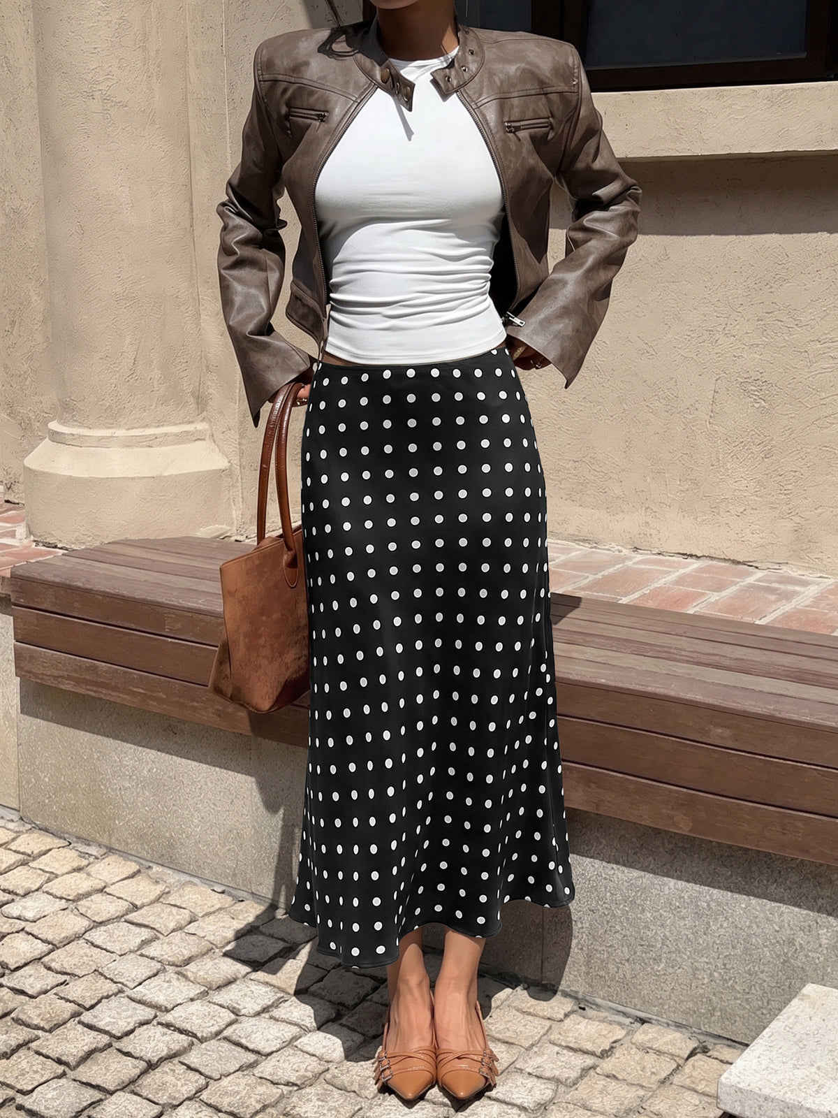 Polka Dot Skirt With Elastic High Waist - Black - 1