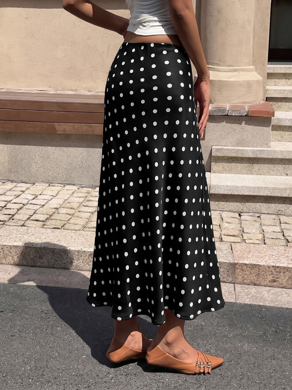 Polka Dot Skirt With Elastic High Waist - Black - 3