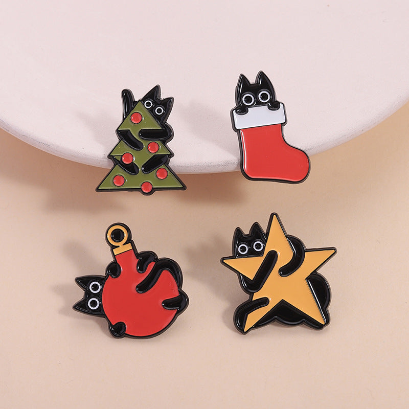 Whimsical Cat Christmas Enamel Brooch Pin