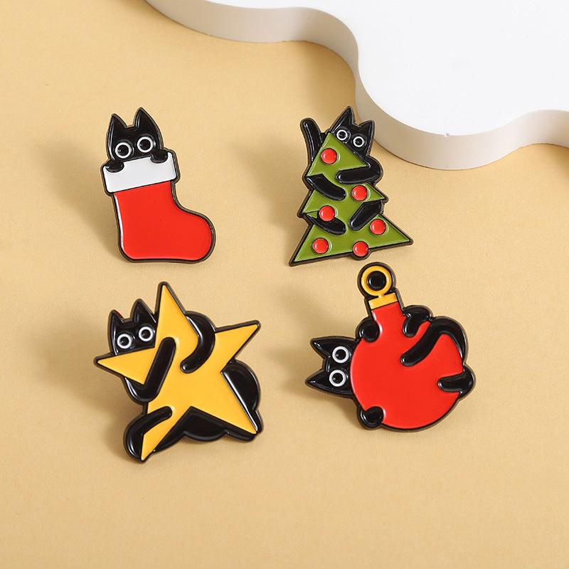 Whimsical Cat Christmas Enamel Brooch Pin - view 1