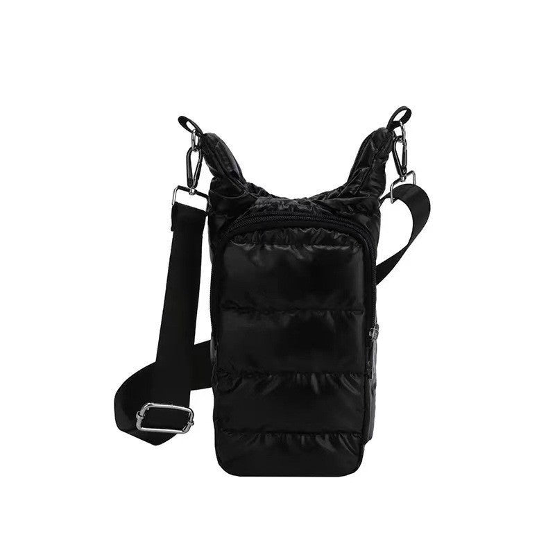 Quilted Puffer Water Bottle Crossbody Bag - Black