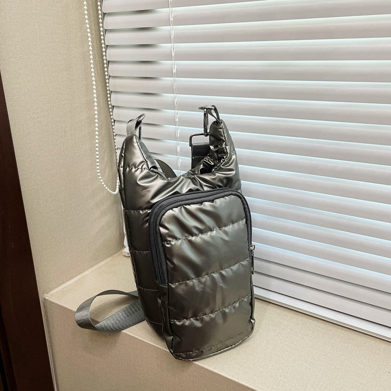 Quilted Puffer Water Bottle Crossbody Bag - Gunmetal