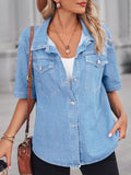 Short Sleeve Denim Shirt With Flap Pockets - Blue