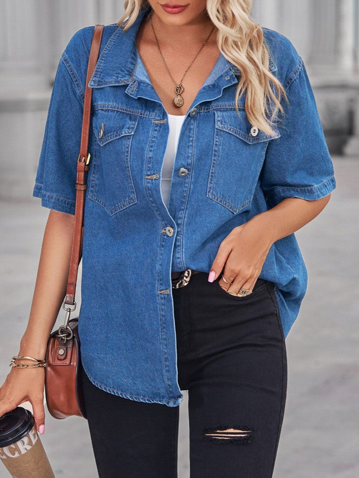 Short Sleeve Denim Shirt With Flap Pockets - Darkblue