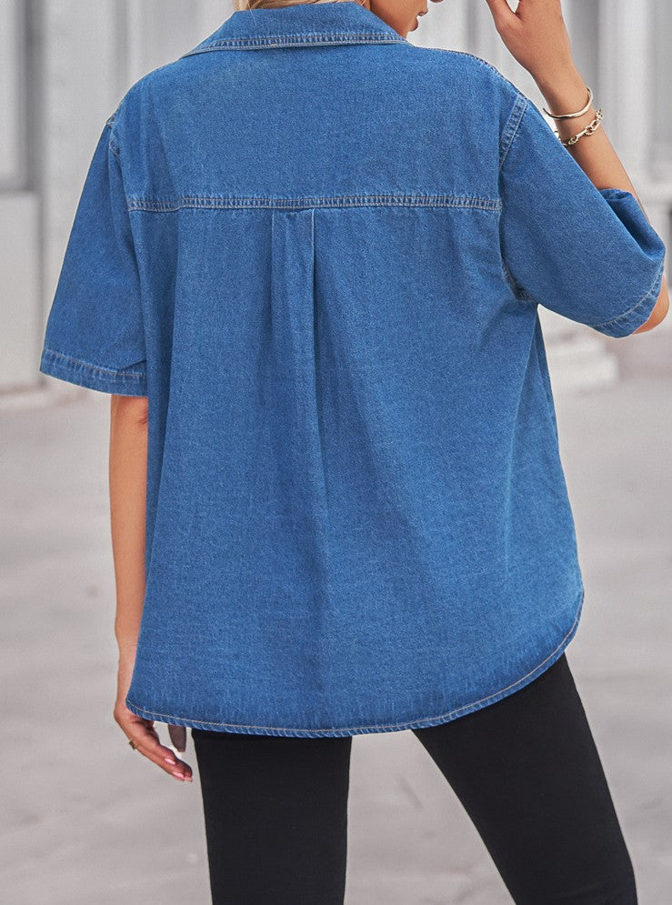 Short Sleeve Denim Shirt With Flap Pockets - Darkblue - 3