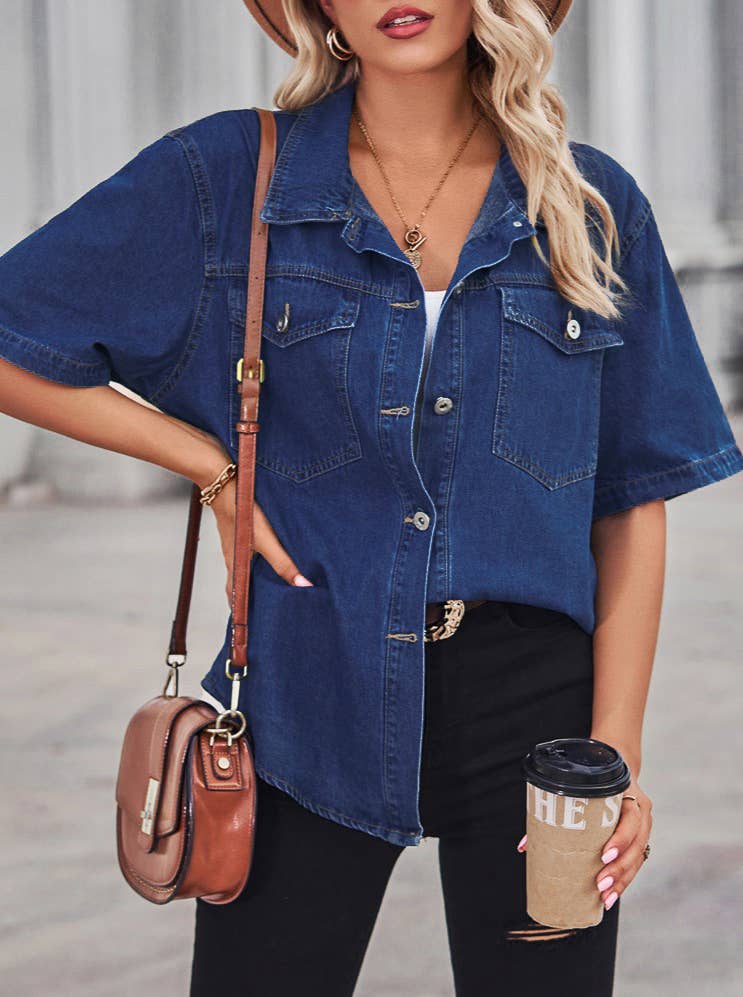 Short Sleeve Denim Shirt With Flap Pockets