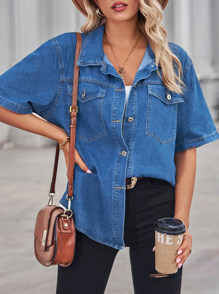 Short Sleeve Denim Shirt With Flap Pockets - view 1