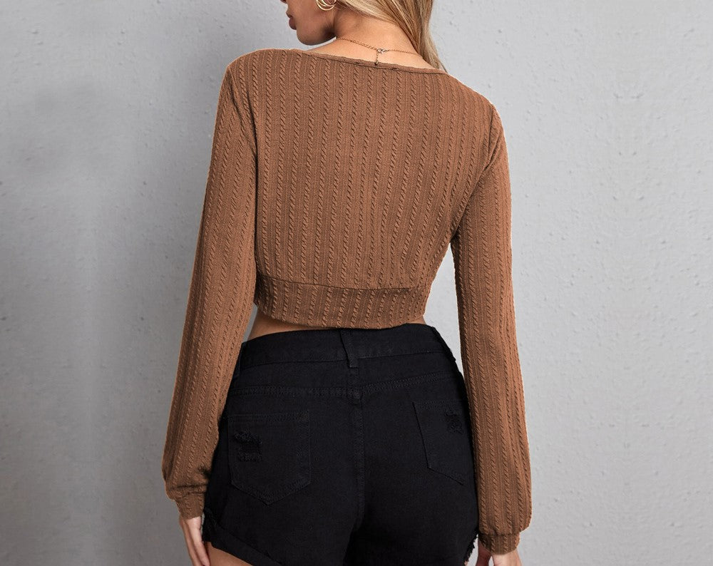 Ribbed Knit Surplice V Neck Crop Top - Brown - 2