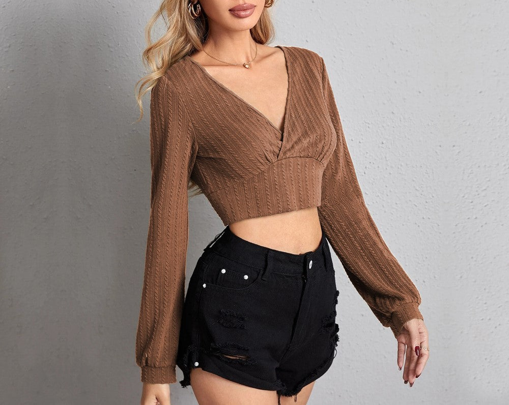 Ribbed Knit Surplice V Neck Crop Top - Brown - 3