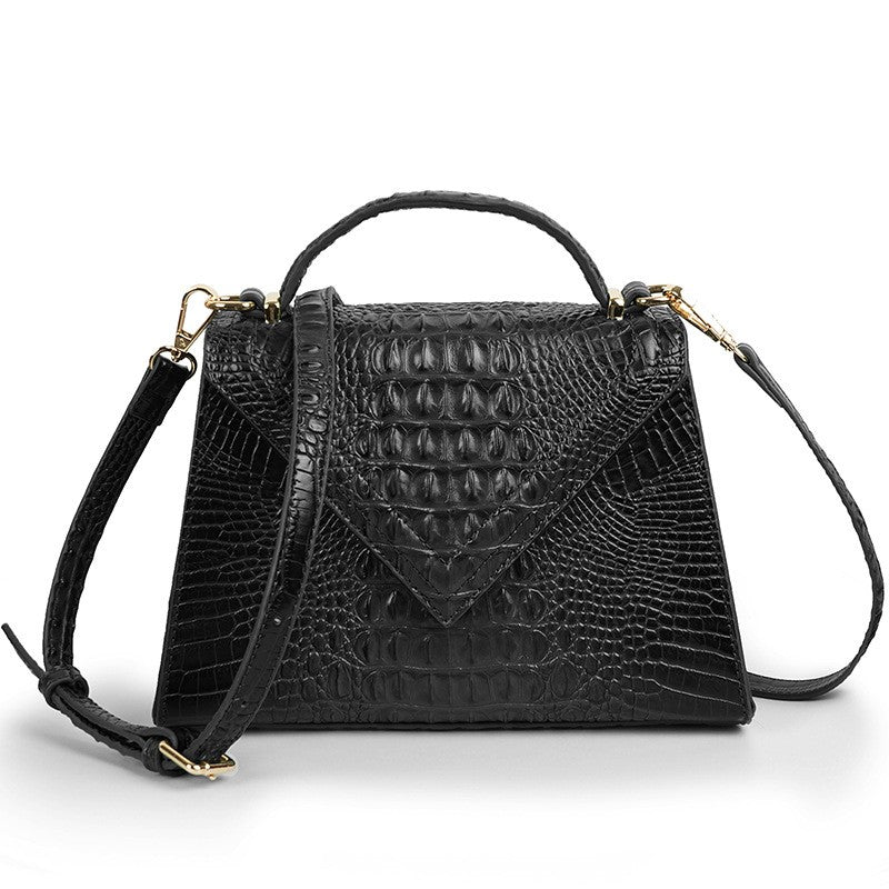 Croc Embossed Top Handle Bag with Crossbody Strap - Black