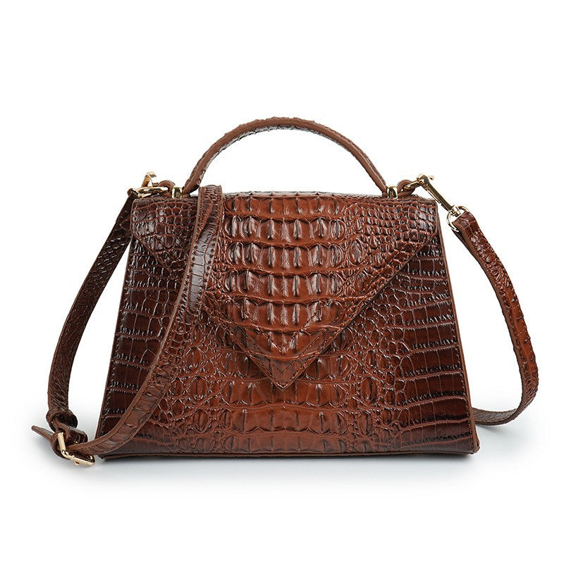 Croc Embossed Top Handle Bag with Crossbody Strap - Brown