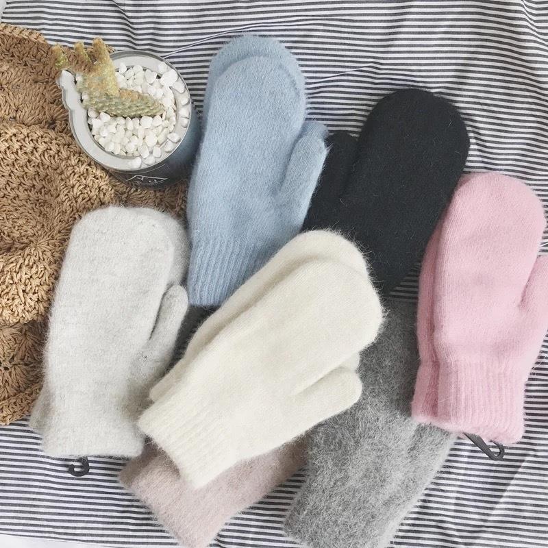 Fluffy Wool Blend Mitten Gloves - Beige