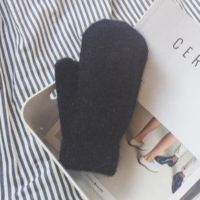 Fluffy Wool Blend Mitten Gloves - Black