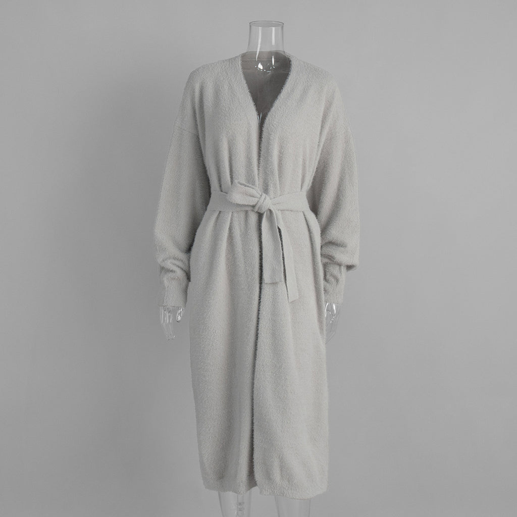 Fuzzy Knit Belted Duster Cardigan - Grey