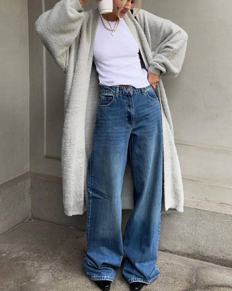 Fuzzy Knit Belted Duster Cardigan - Grey - 1