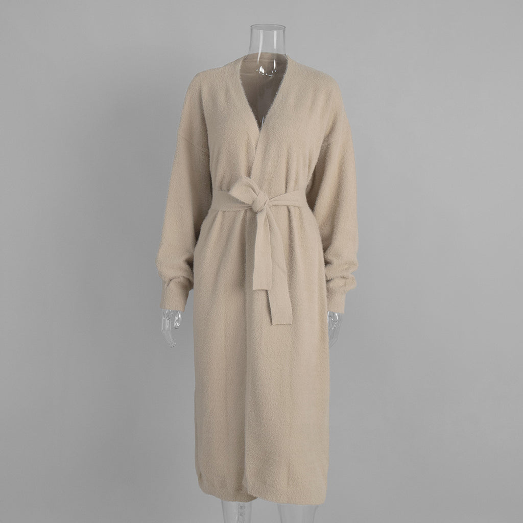 Fuzzy Knit Belted Duster Cardigan - Khaki