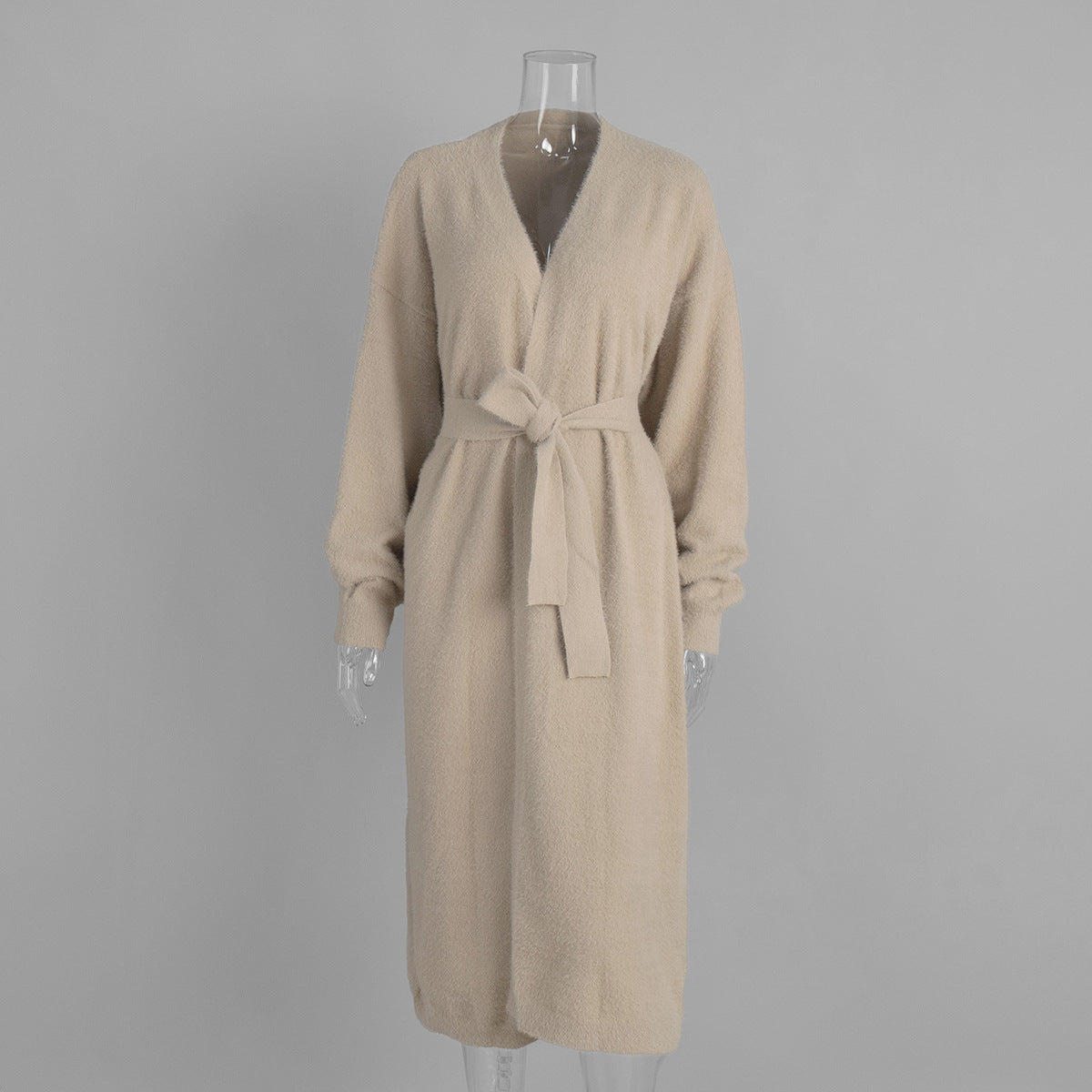 Fuzzy Knit Belted Duster Cardigan - Khaki