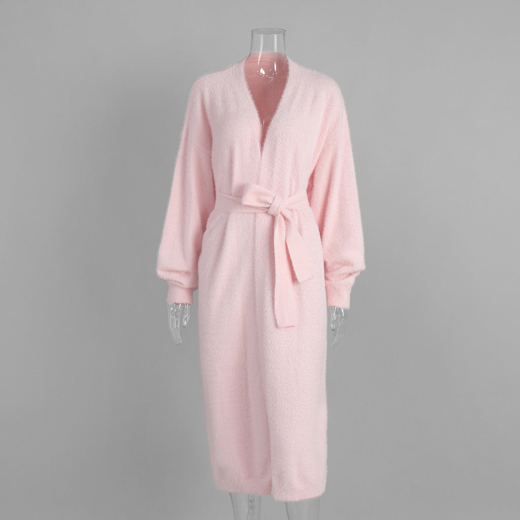 Fuzzy Knit Belted Duster Cardigan - Pink