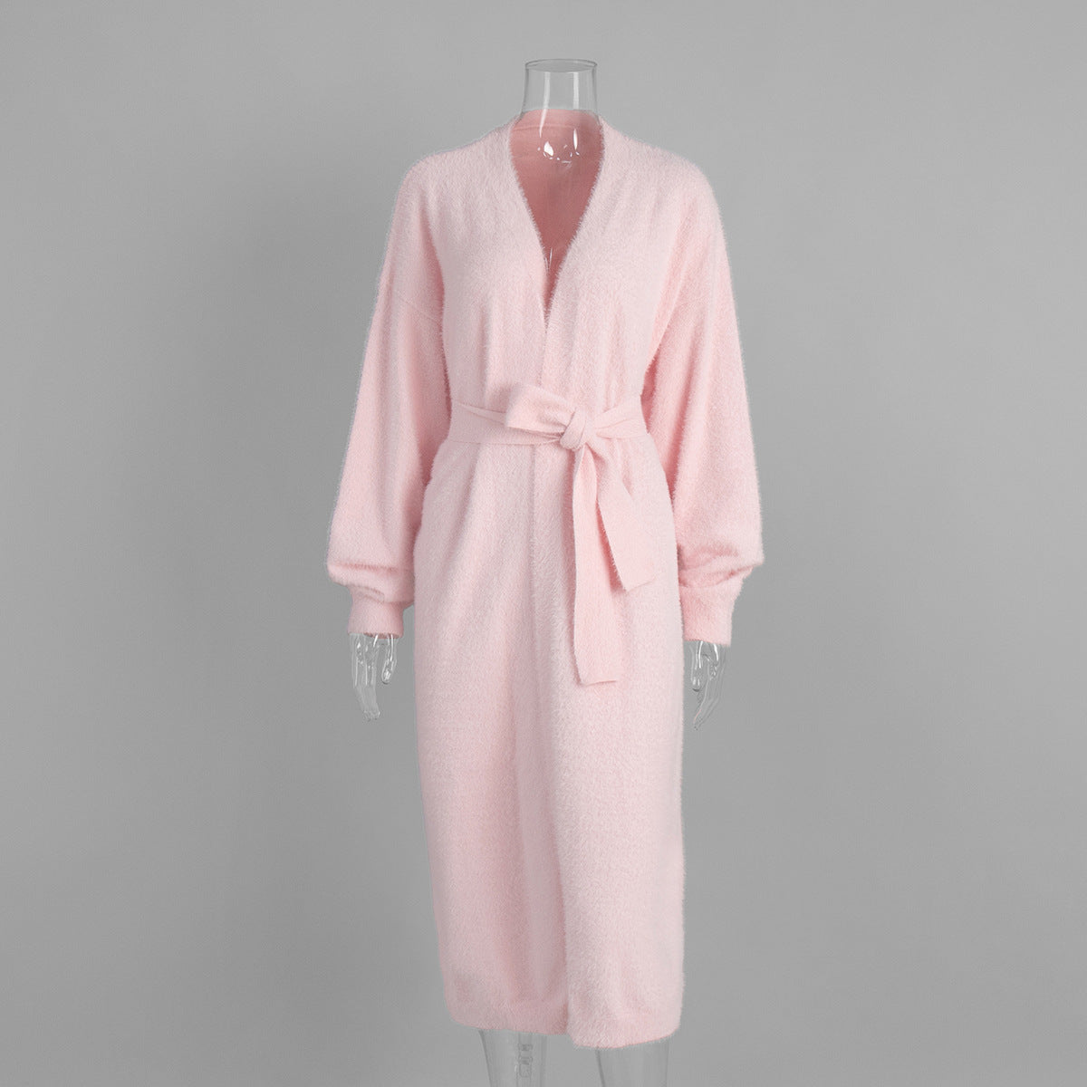 Fuzzy Knit Belted Duster Cardigan - Pink