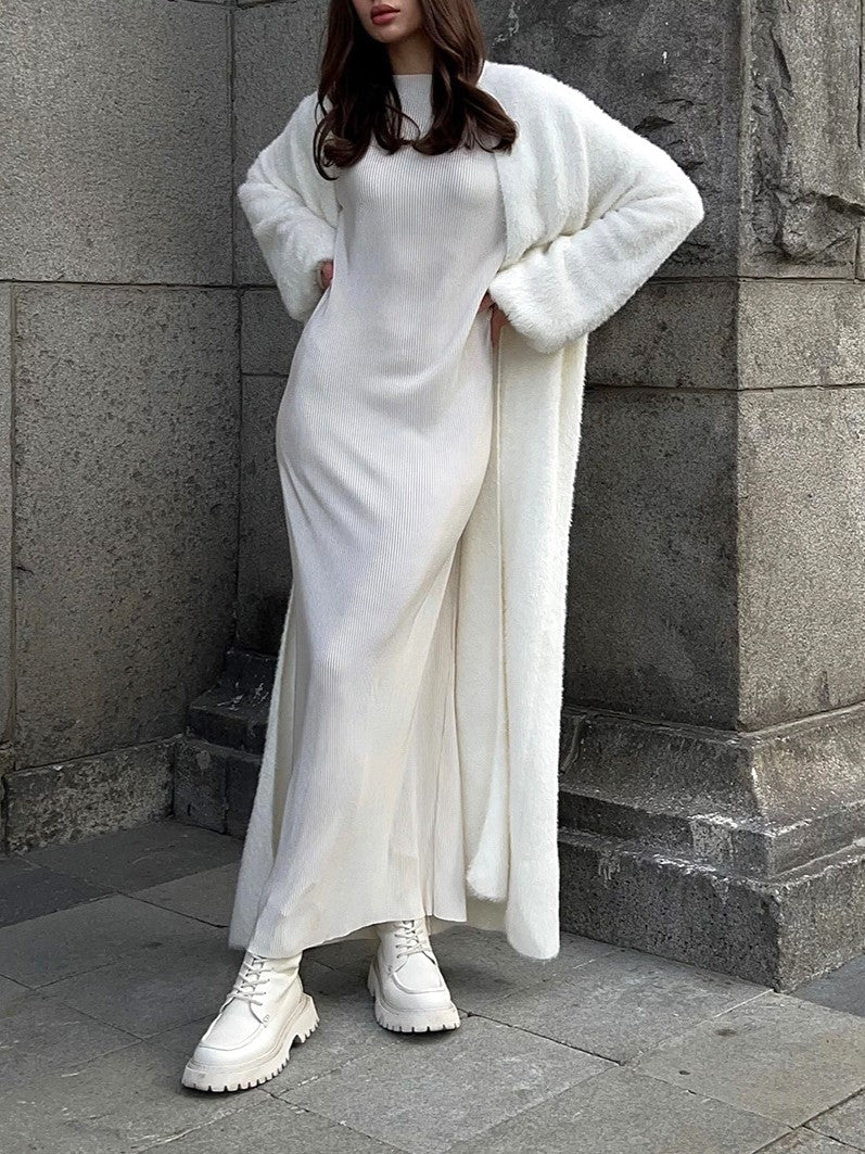 Fuzzy Knit Belted Duster Cardigan - White