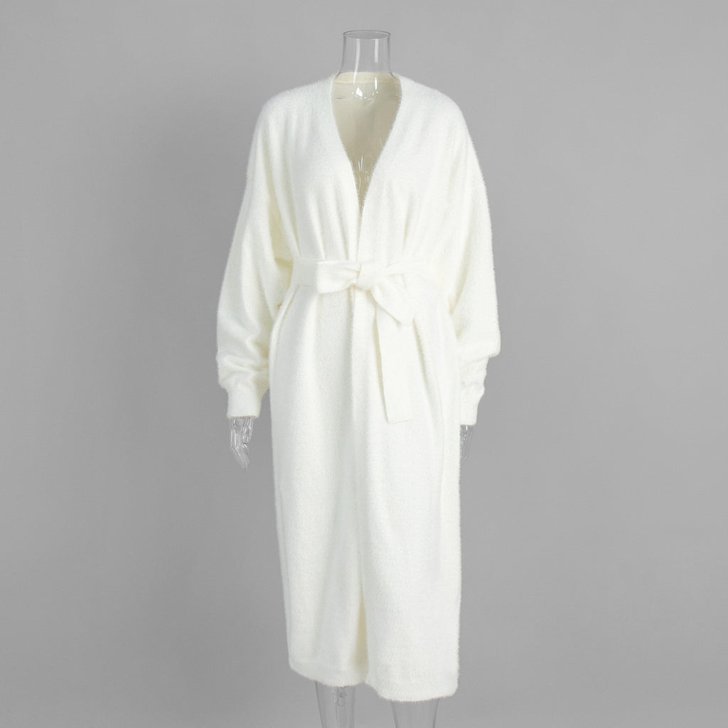 Fuzzy Knit Belted Duster Cardigan - White - 1