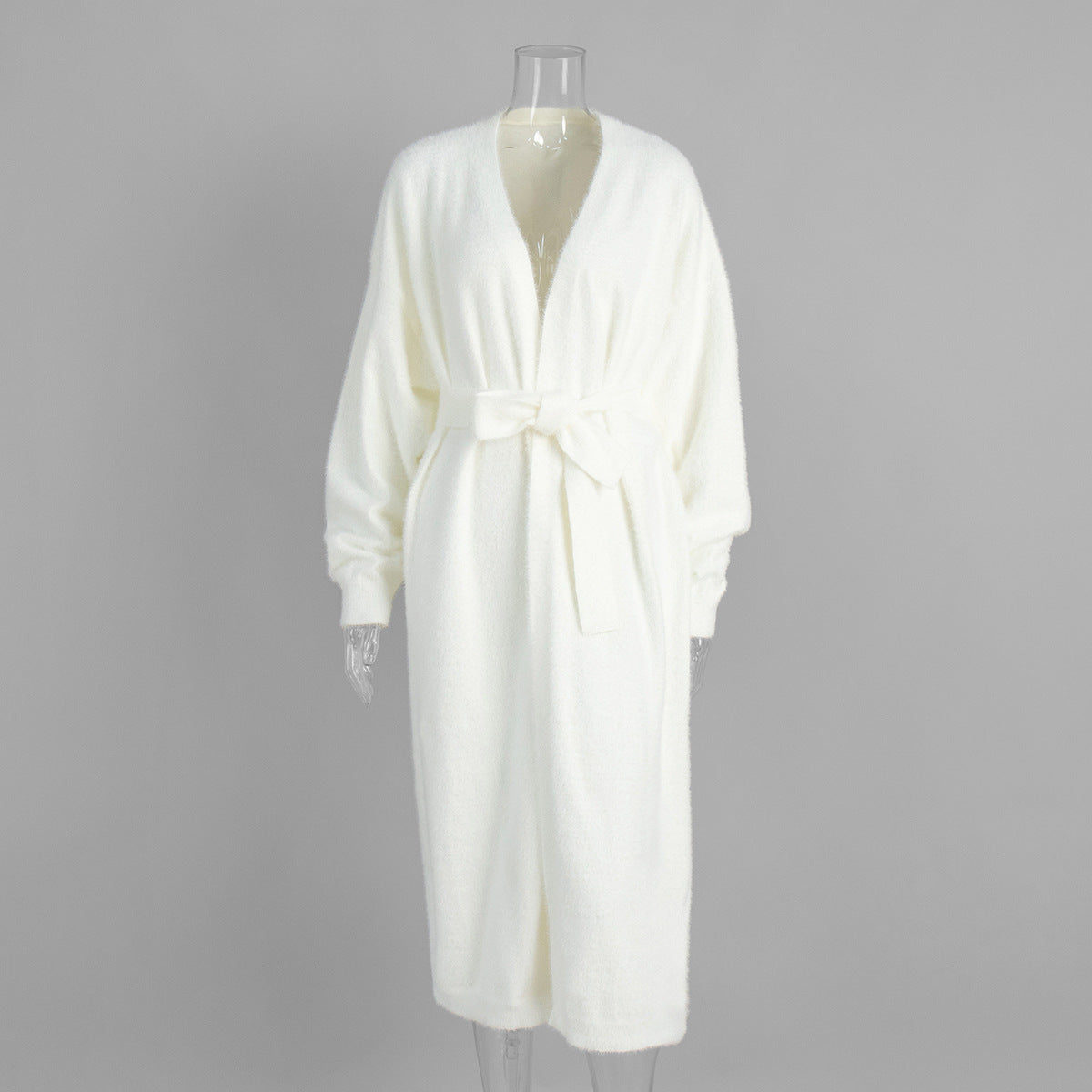 Fuzzy Knit Belted Duster Cardigan - White - 1