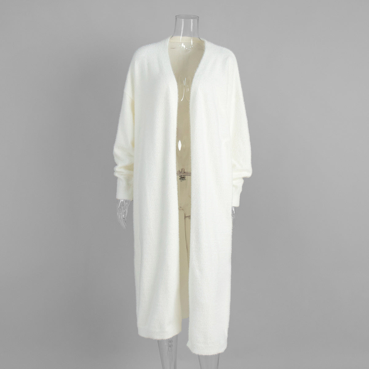 Fuzzy Knit Belted Duster Cardigan - White - 2