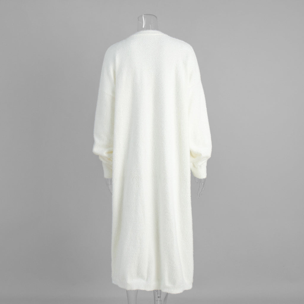 Fuzzy Knit Belted Duster Cardigan - White - 3