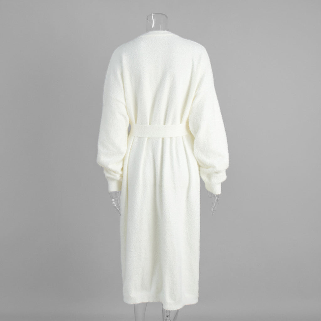 Fuzzy Knit Belted Duster Cardigan - White - 4