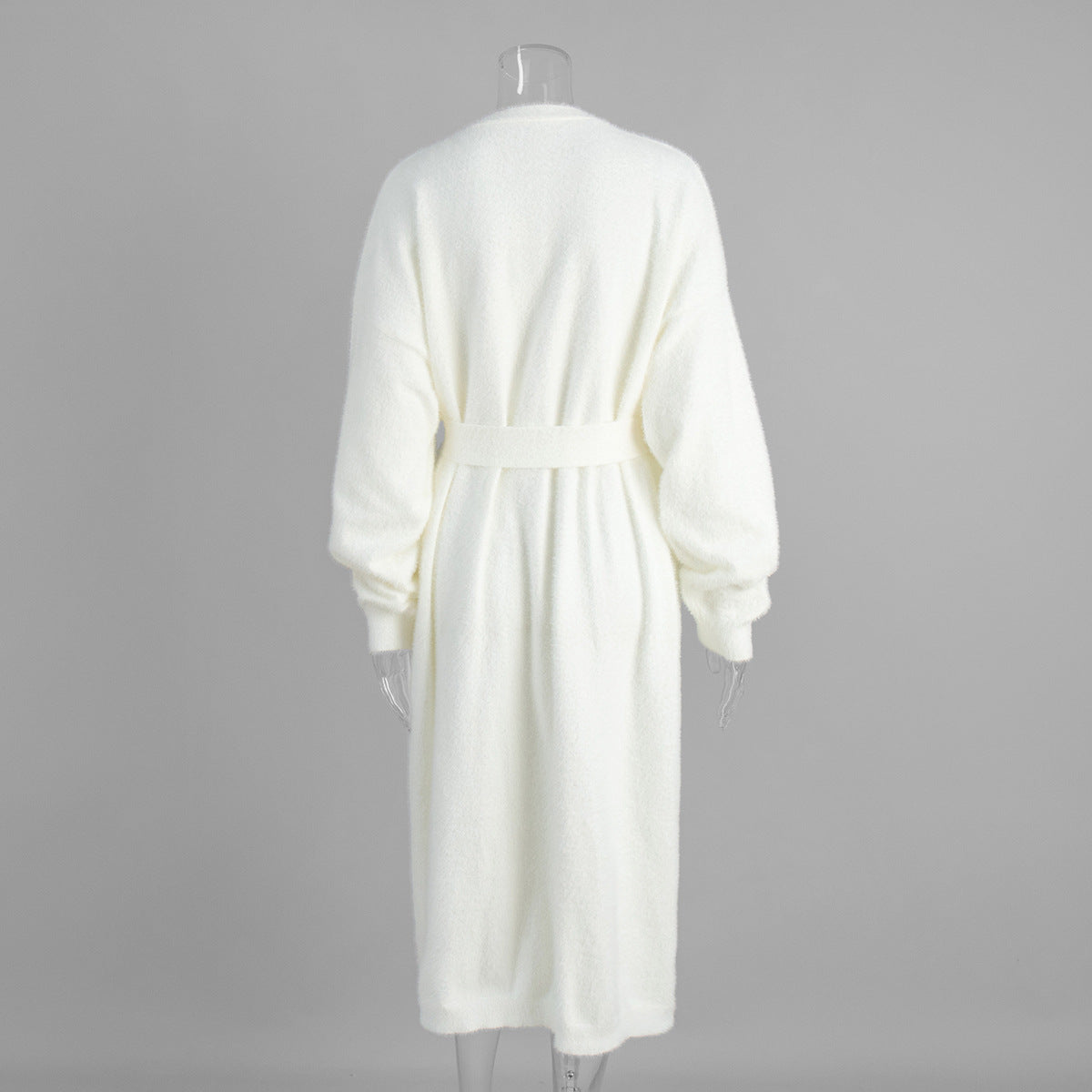 Fuzzy Knit Belted Duster Cardigan - White - 4