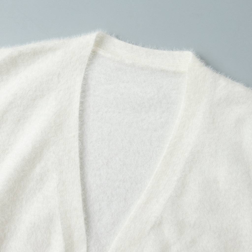Fuzzy Knit Belted Duster Cardigan - White - 6