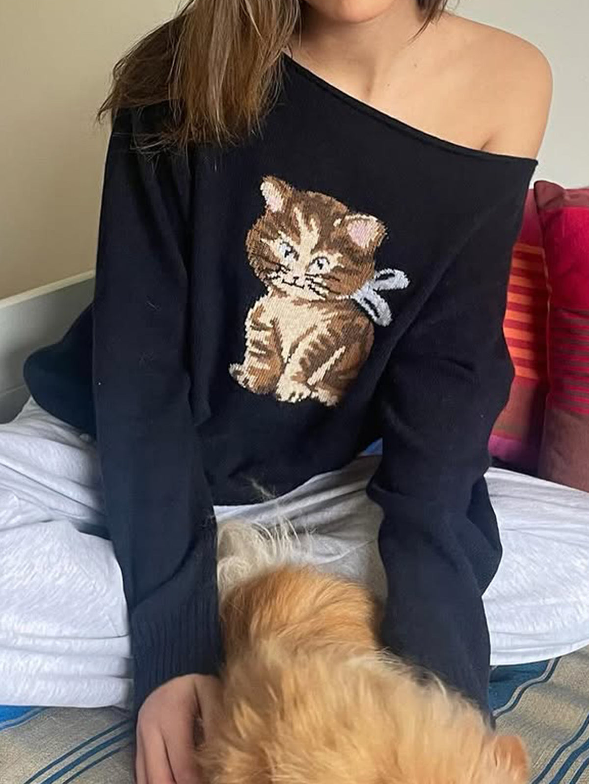 Tabby Cat Intarsia Slouchy Sweater - DarkBlue