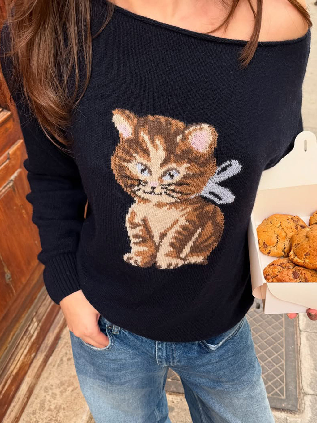 Tabby Cat Intarsia Slouchy Sweater - DarkBlue - 1