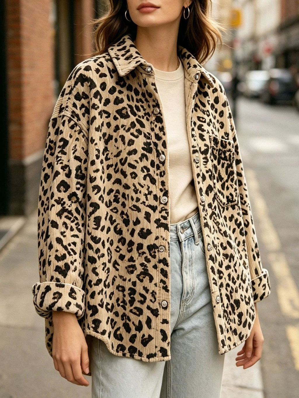 Oversized Leopard Corduroy Chest-Pocket Shirt Jacket - Apricot