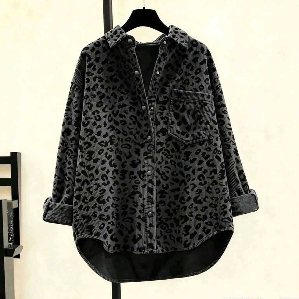 Oversized Leopard Corduroy Chest-Pocket Shirt Jacket - DarkGrey
