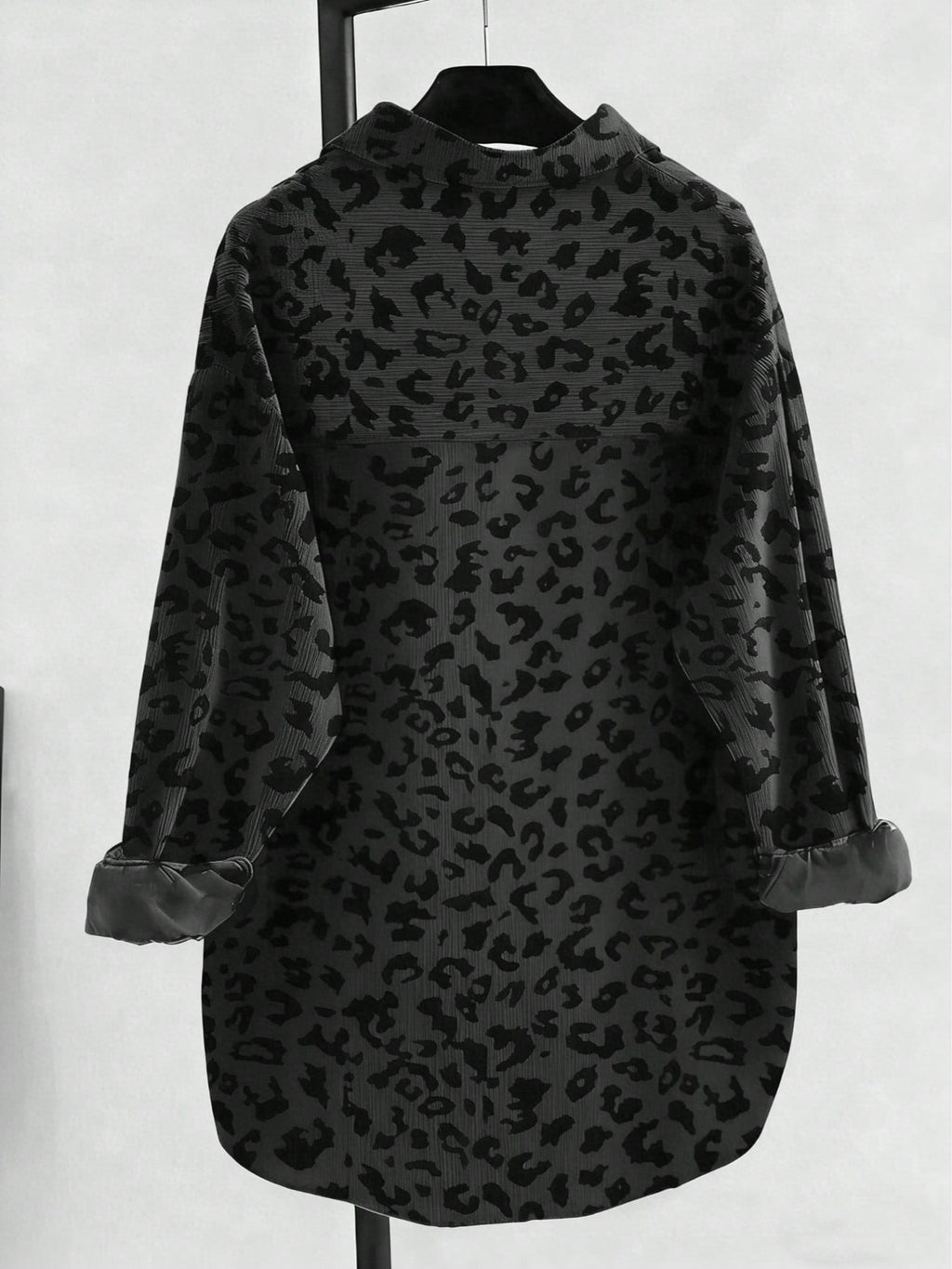 Oversized Leopard Corduroy Chest-Pocket Shirt Jacket - DarkGrey - 3
