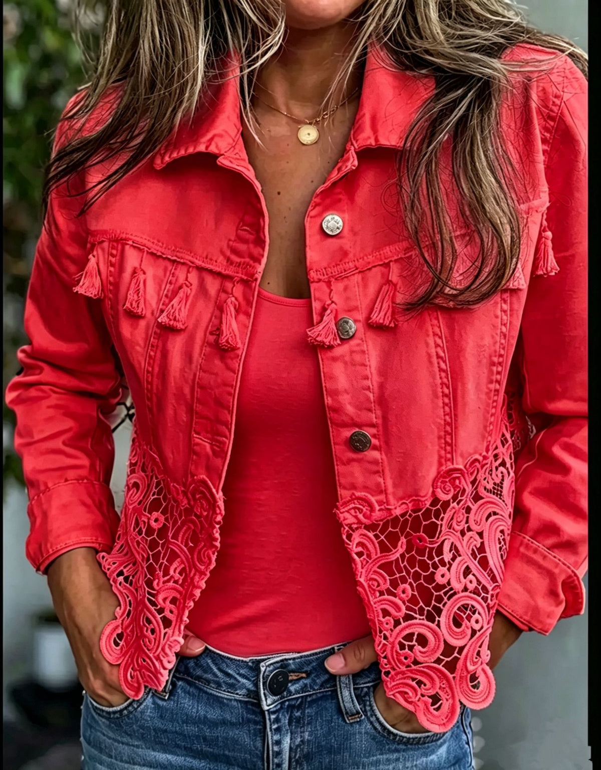 Lace Cutout Hem Denim Jacket with Frayed Trim - Red