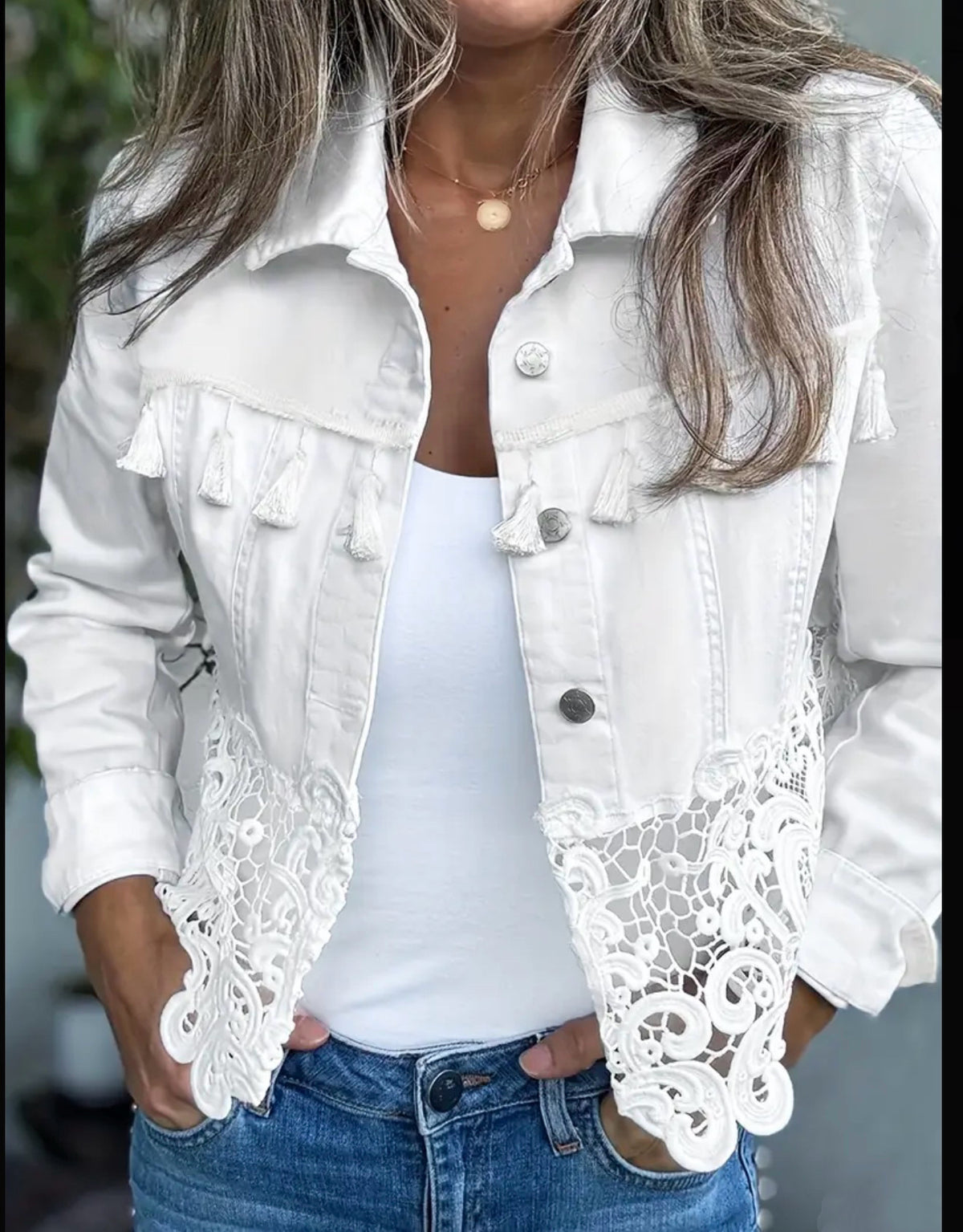 Lace Cutout Hem Denim Jacket with Frayed Trim - White