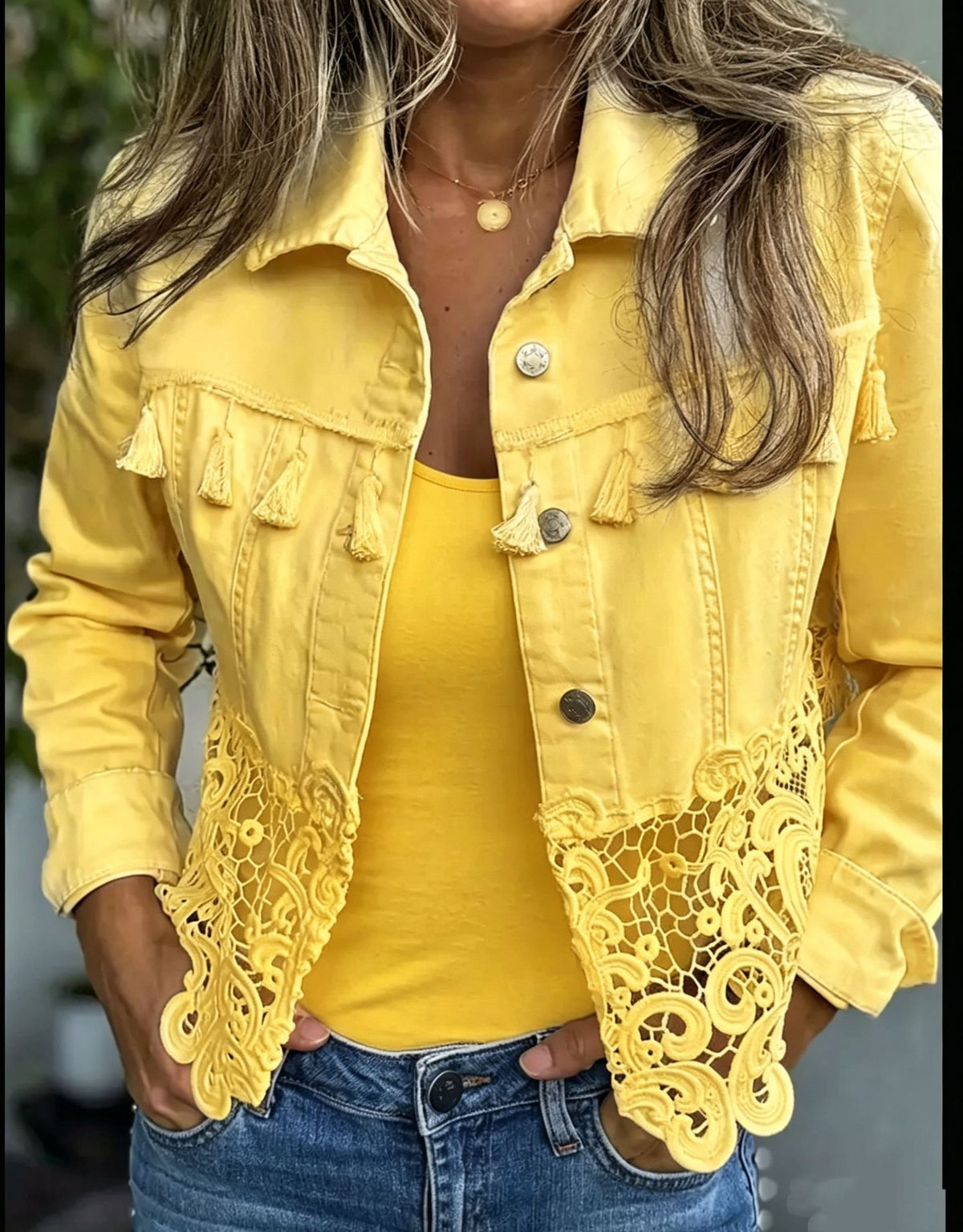Lace Cutout Hem Denim Jacket with Frayed Trim - Yellow