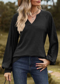 V Neck Balloon Sleeve Waffle Knit Blouse - Black